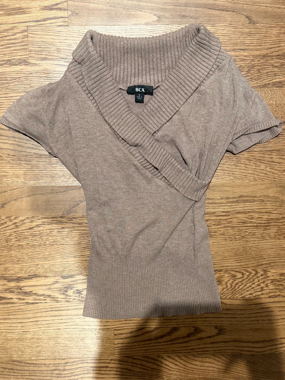 BCX Short Sleeve Wrap-Style Sweater Top in Taupe